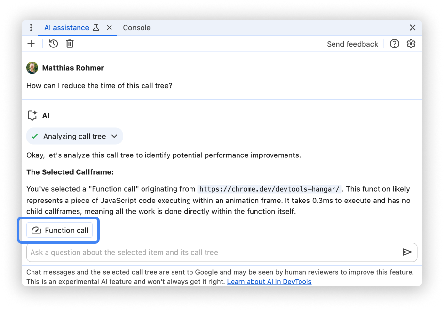The AI assistance panel with the context activity highlighted.