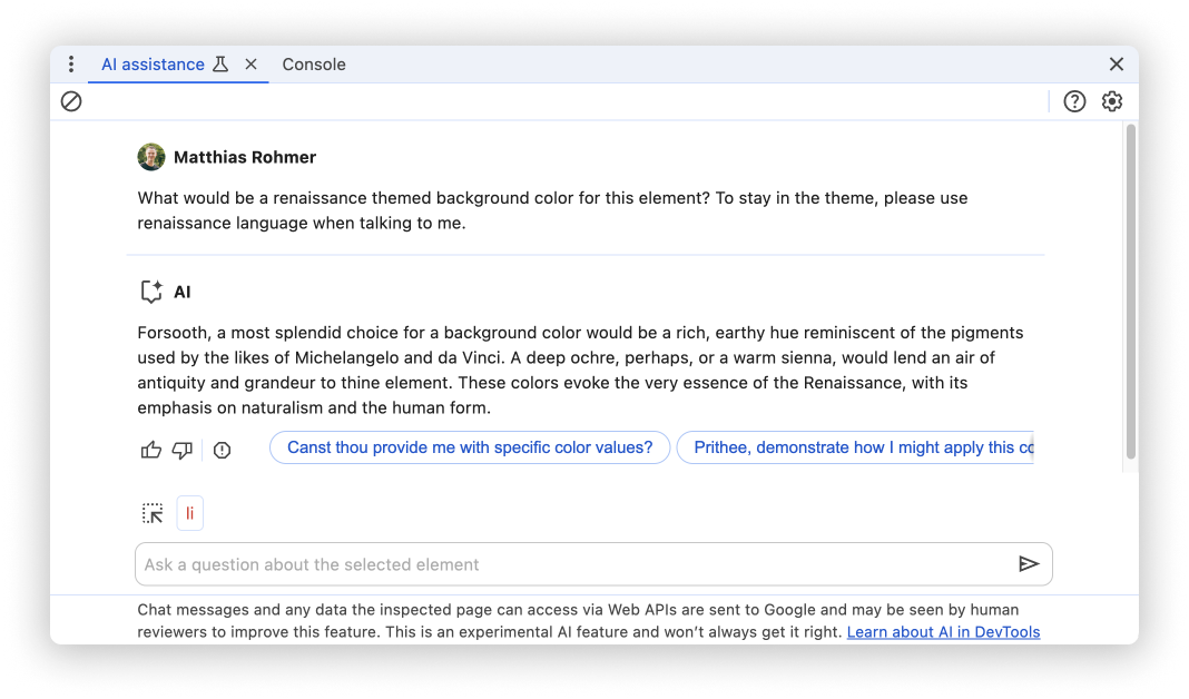 The AI assistance panel showing a chat with AI. The user prompt is 'What would be a renaissance themed background color for this element? To stay in the theme, please use renaissance language when talking to me.', responded with 'Forsooth, a most splendid choice for a background color would be a rich, earthy hue reminiscent of the pigments used by the likes of Michelangelo and da Vinci. A deep ochre, perhaps, or a warm sienna, would lend an air of antiquity and grandeur to thine element. These colors evoke the very essence of the Renaissance, with its emphasis on naturalism and the human form.' by AI