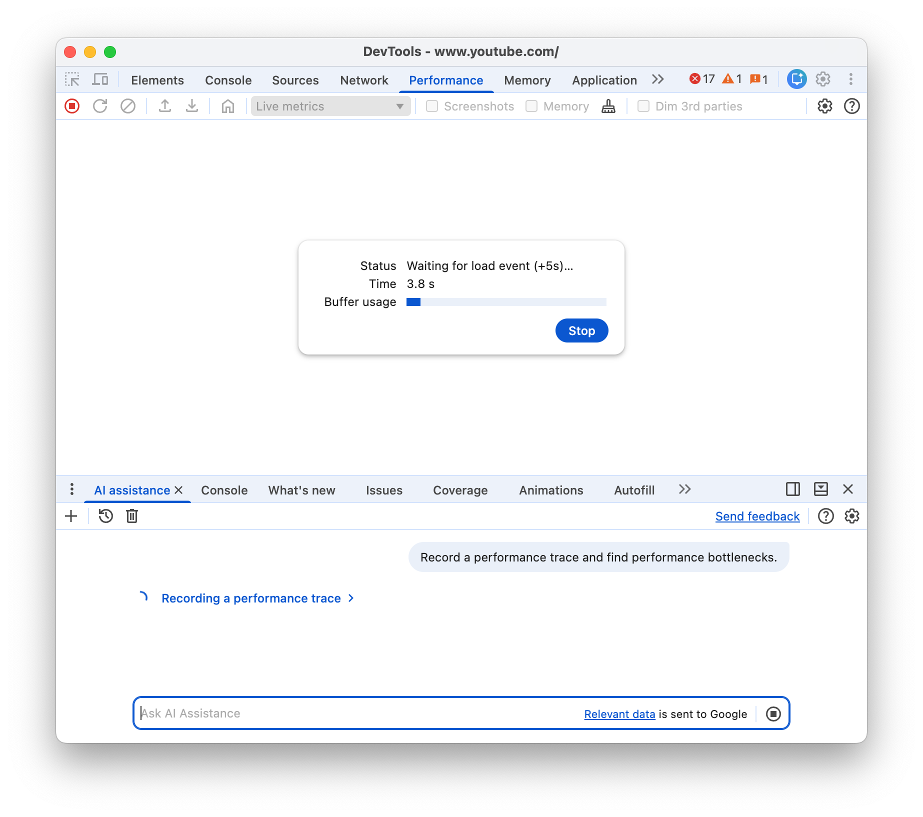Il riquadro dell'assistenza dell'AI registra una traccia di rendimento.