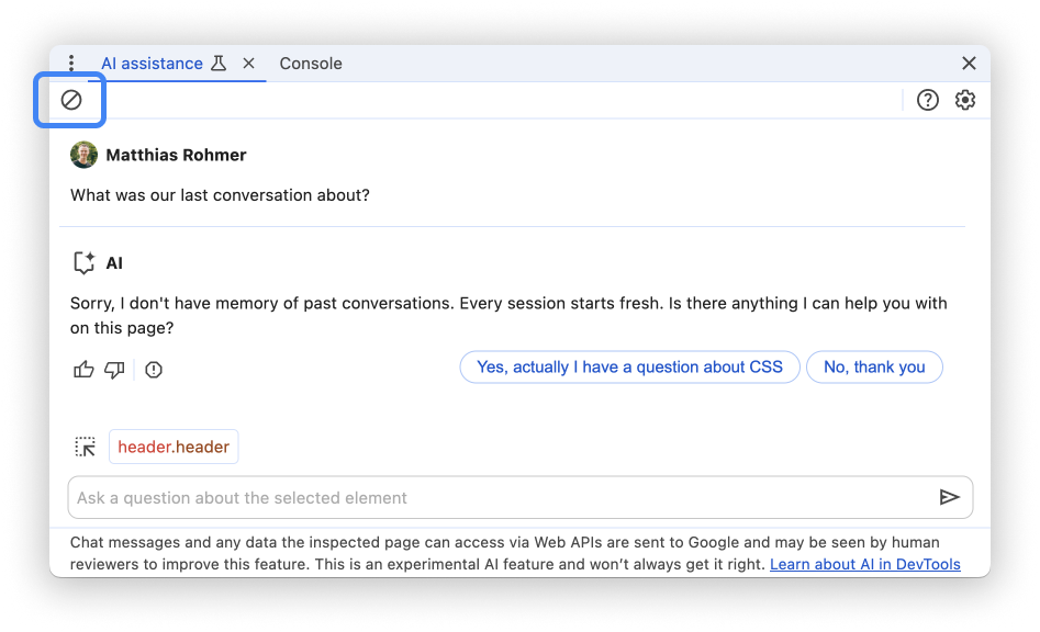 The AI assistance panel with the conversation clear button highlighted.