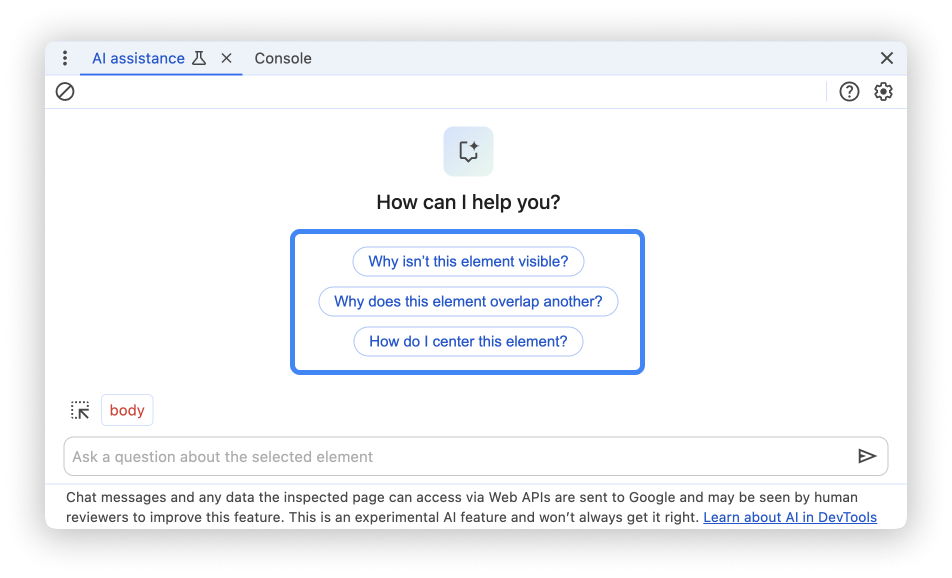 لوحة المساعدة المستنِدة إلى الذكاء الاصطناعي مع تمييز الأمثلة على الطلبات