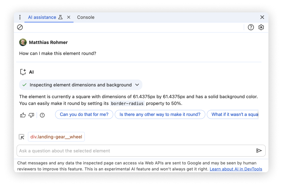 El panel de asistencia de IA con una respuesta proporcionada por la IA.
