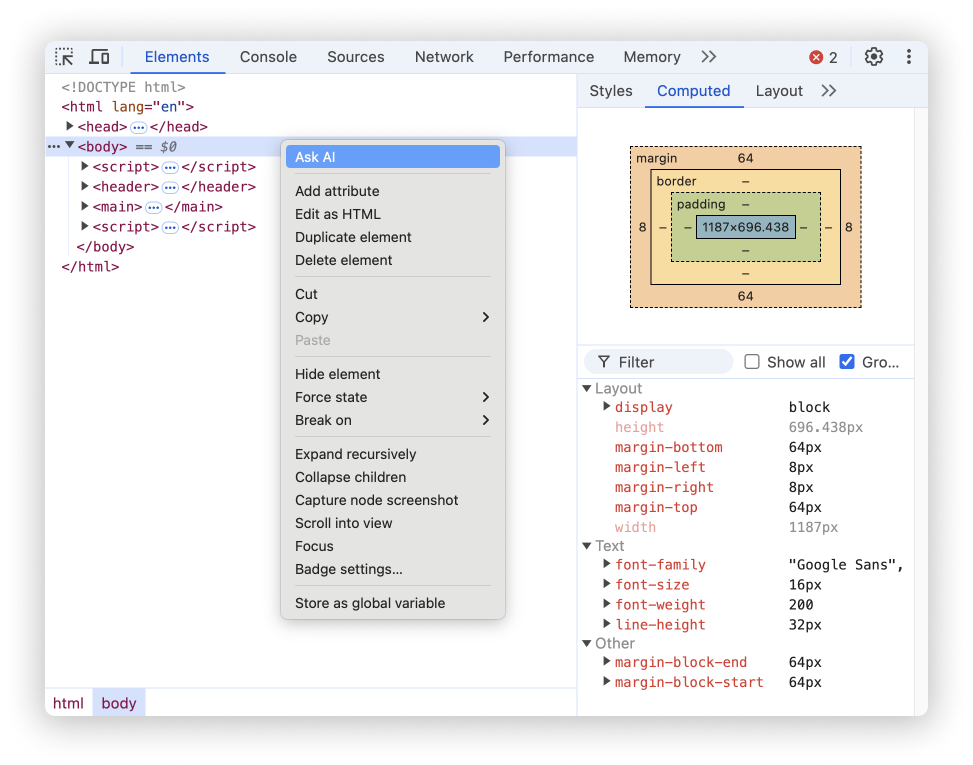 The element context menu with 'Ask AI' highlighted.