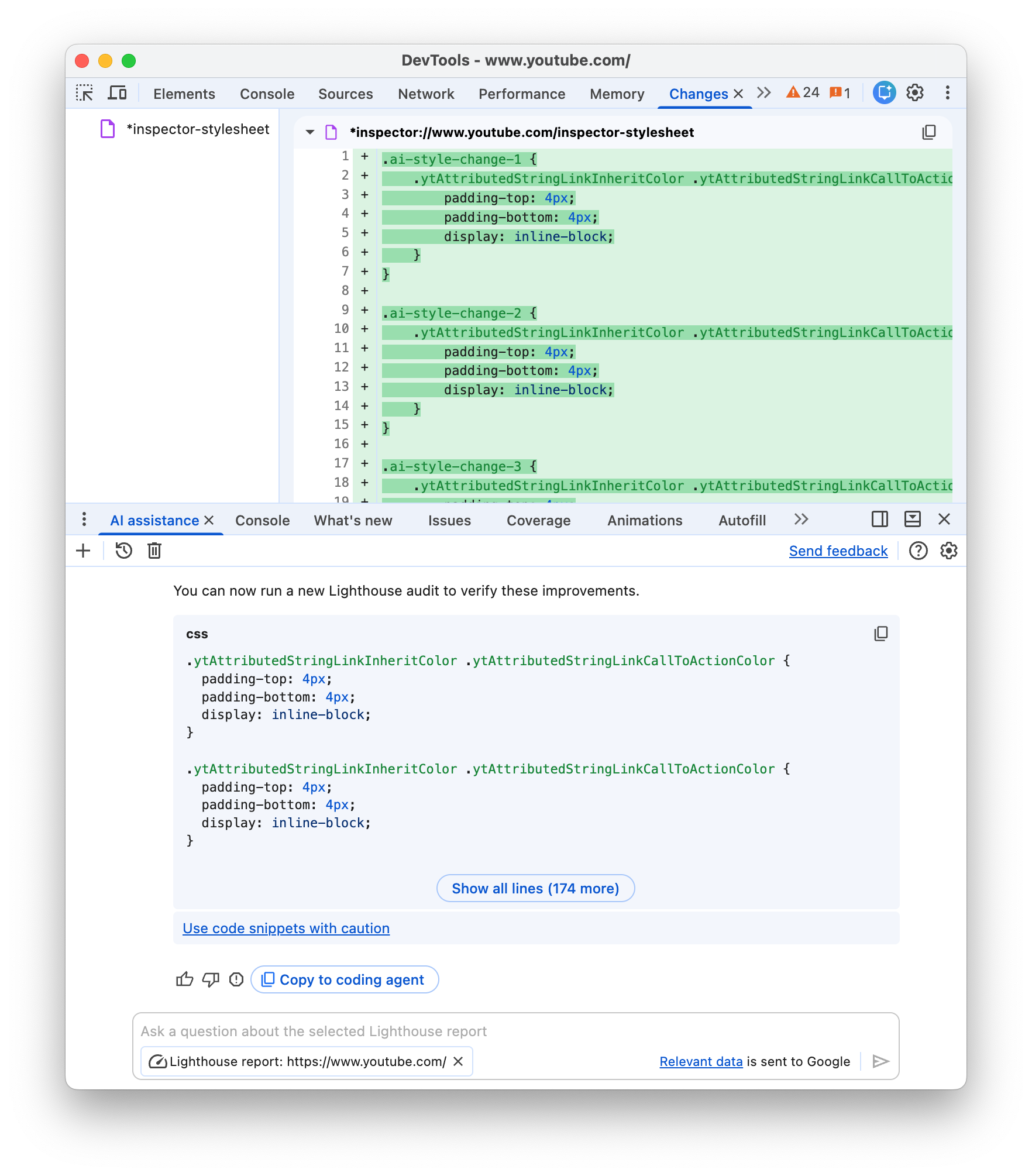Vom Agent generierte Codeänderungen im Bereich „Änderungen“.