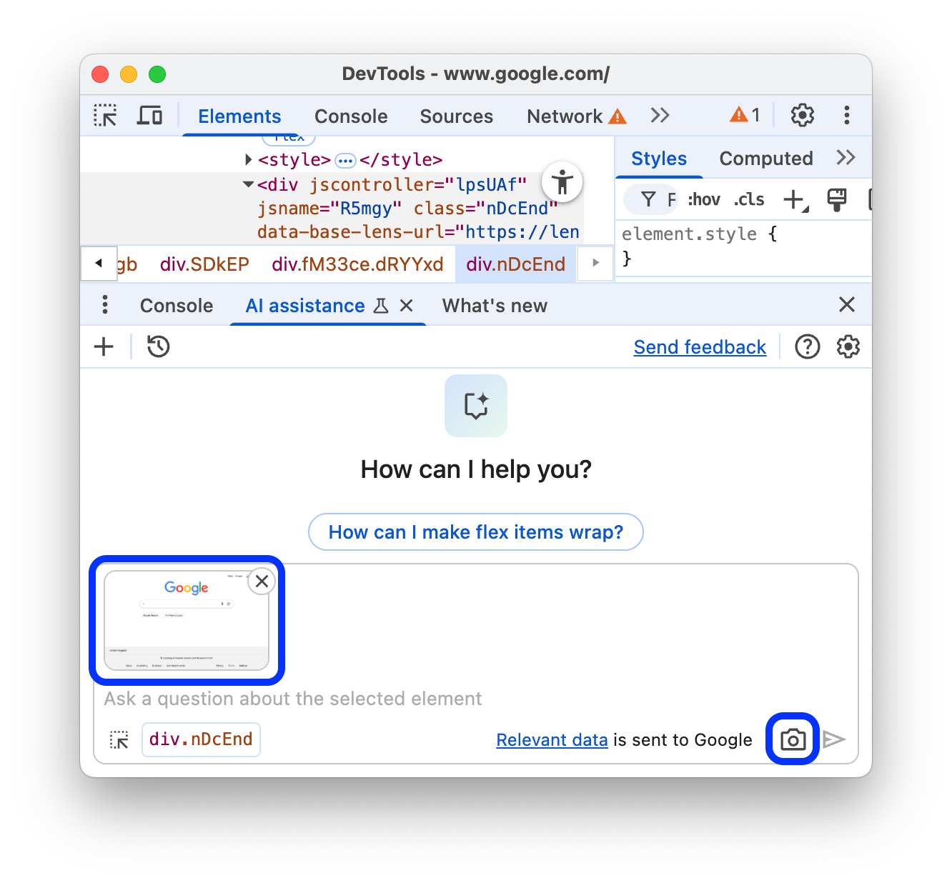 Tombol &#39;Ambil screenshot&#39; dan screenshot terlampir di kolom input.