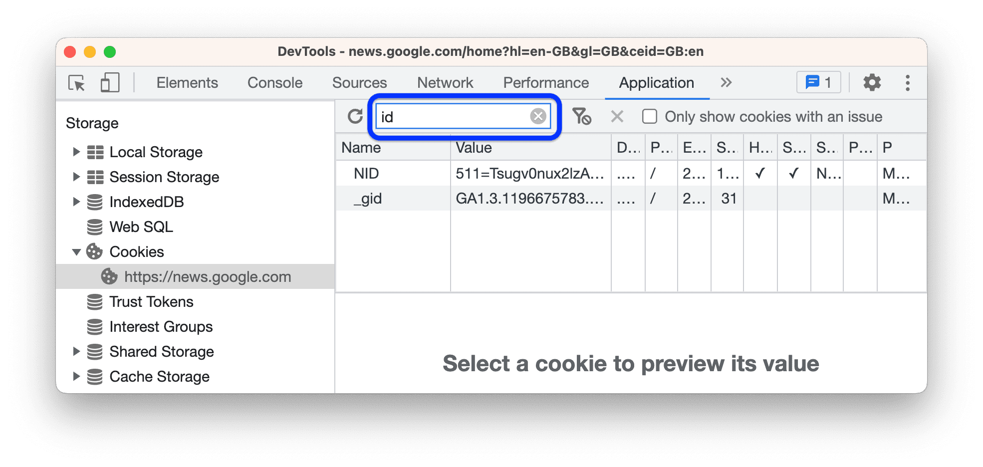 篩除所有不包含「id」的 Cookie。