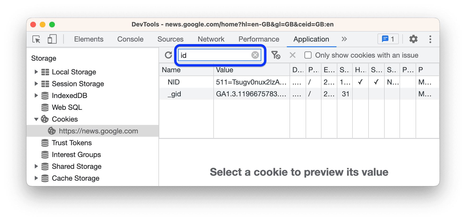 ऐसी सभी कुकी को फ़िल्टर करना जिनमें 'id' शामिल नहीं है.
