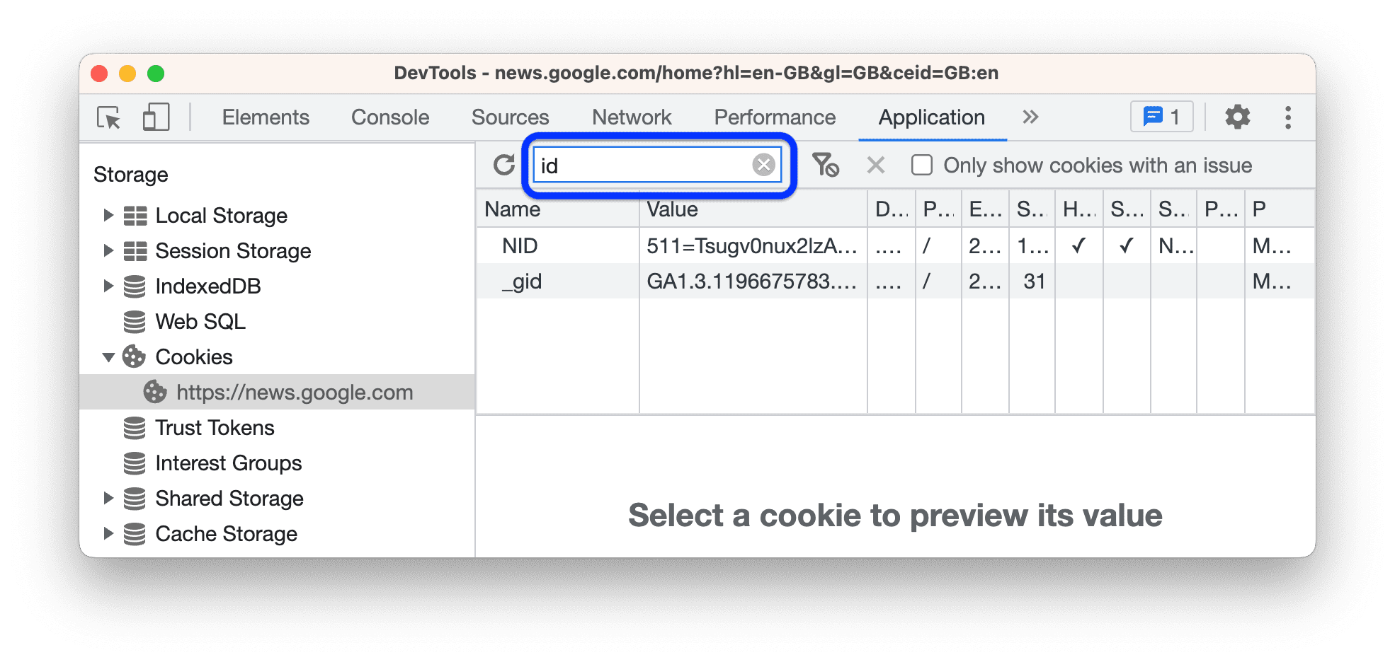 Фильтрация всех файлов cookie, которые не содержат идентификатор.