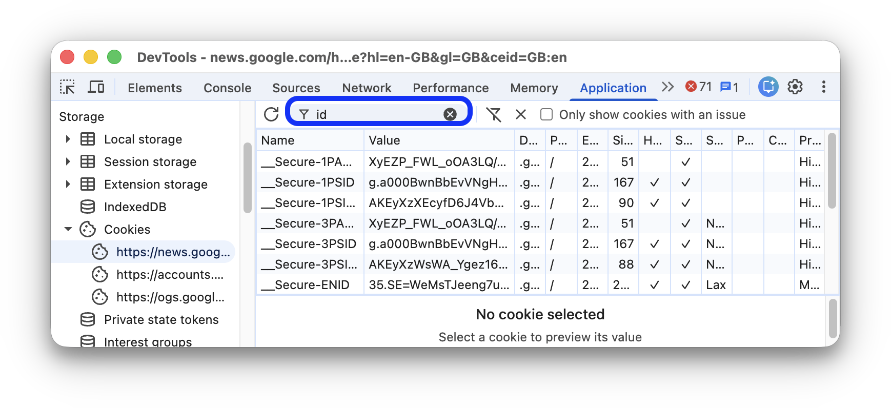 Filtering out any cookies that don't contain 'id'.
