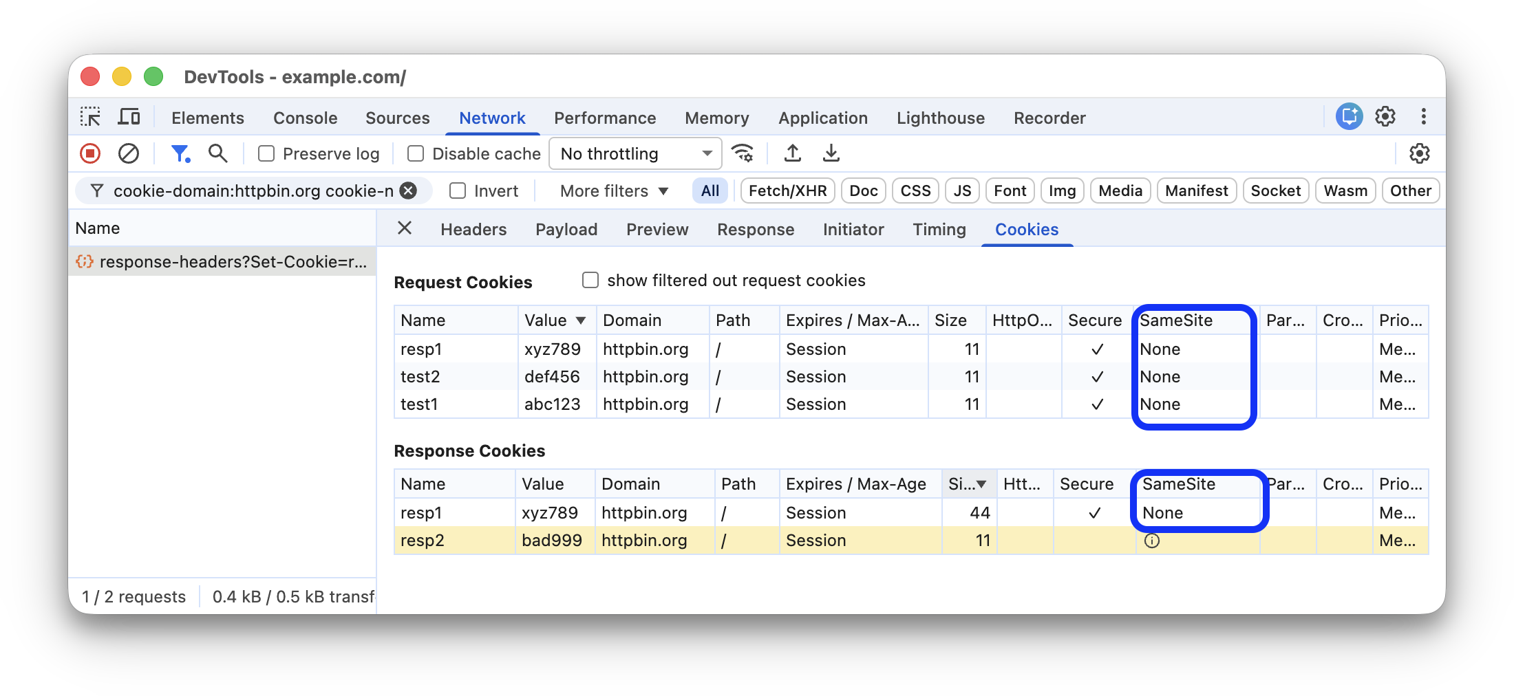 کوکی‌هایی با ویژگی SameSite=None در پنل Network.