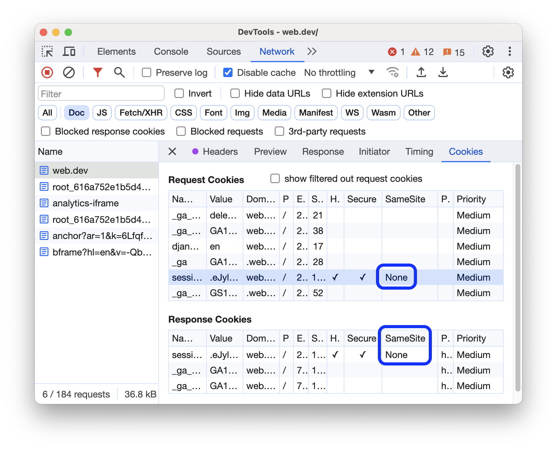 Cookie dengan atribut SameSite=None di panel Network.