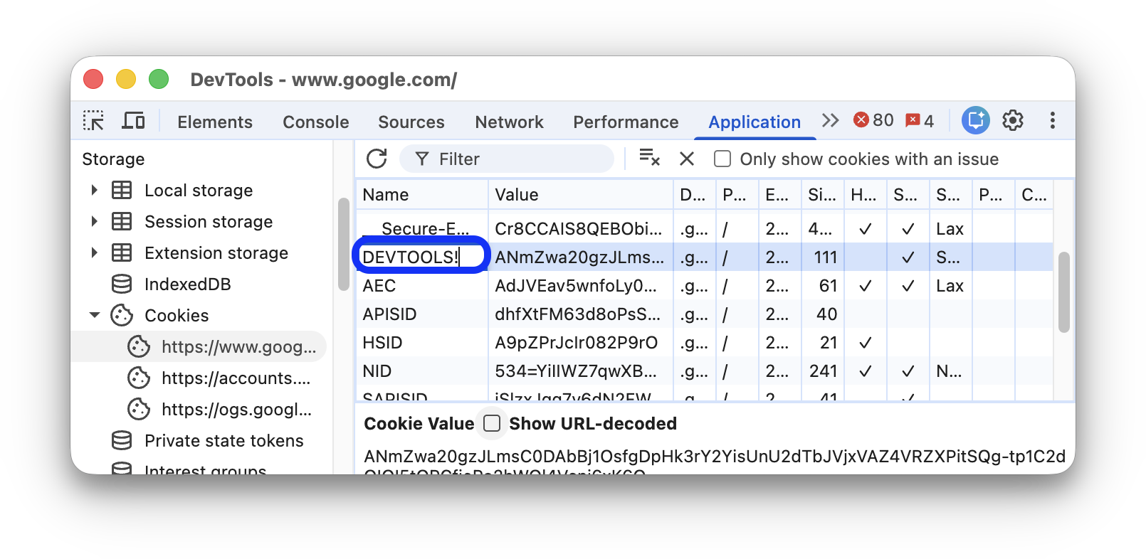 Присвоить имени cookie значение 'DEVTOOLS!'