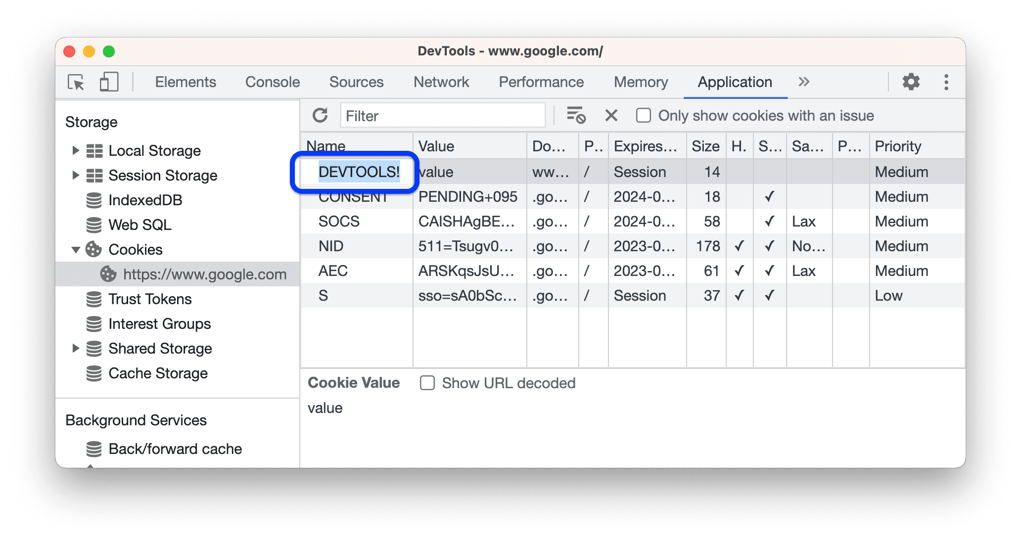 การตั้งชื่อคุกกี้เป็น "DEVTOOLS!"