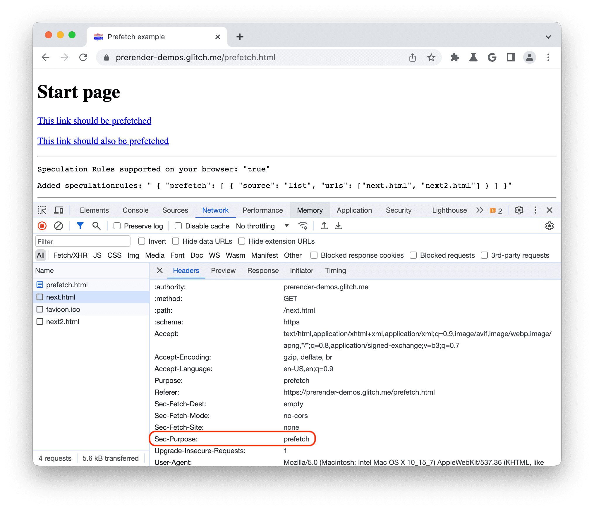 Chrome DevTools でヘッダーのプリフェッチが実行される