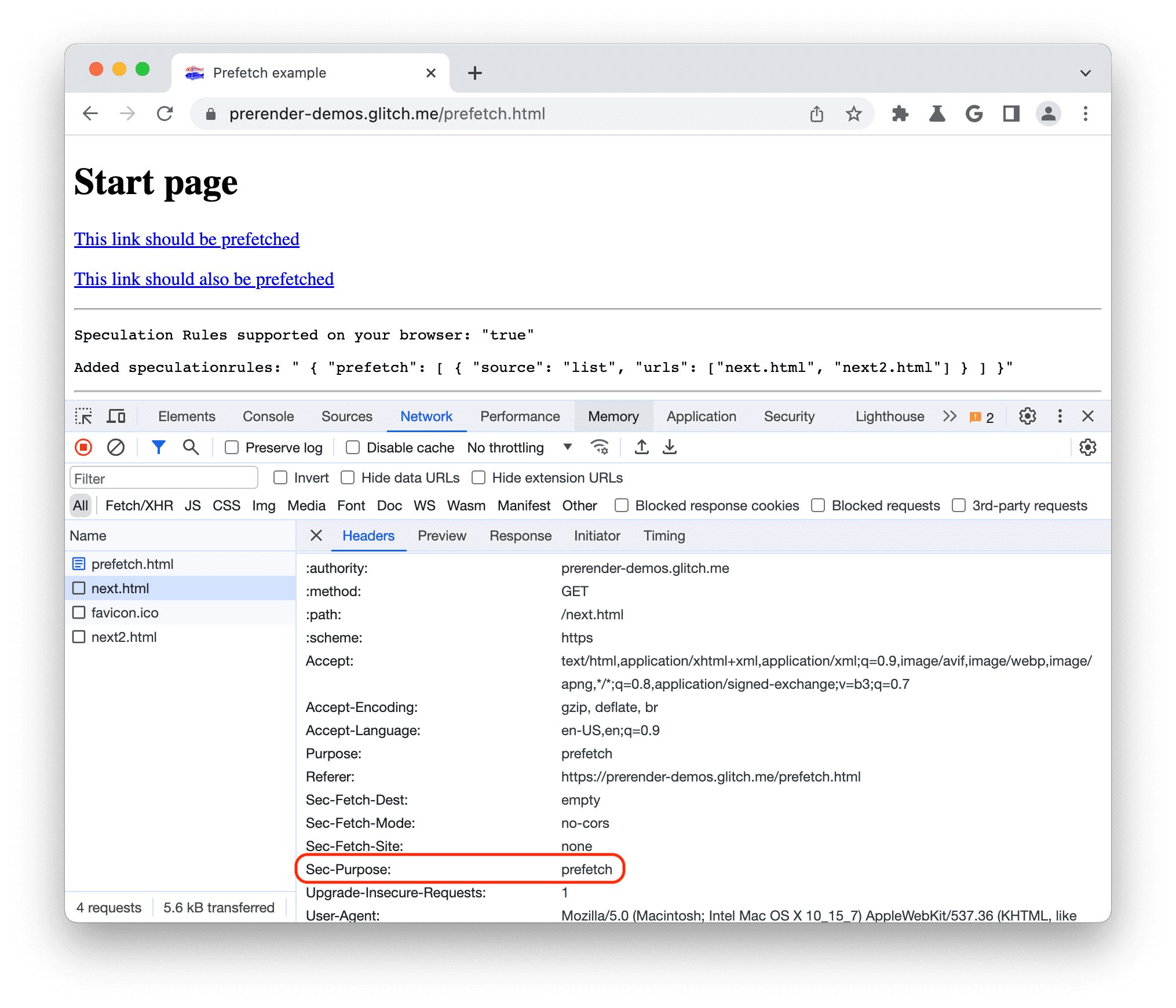 En-têtes de préchargement des outils pour les développeurs Chrome avec Sec-Purpose défini sur "prefetch"