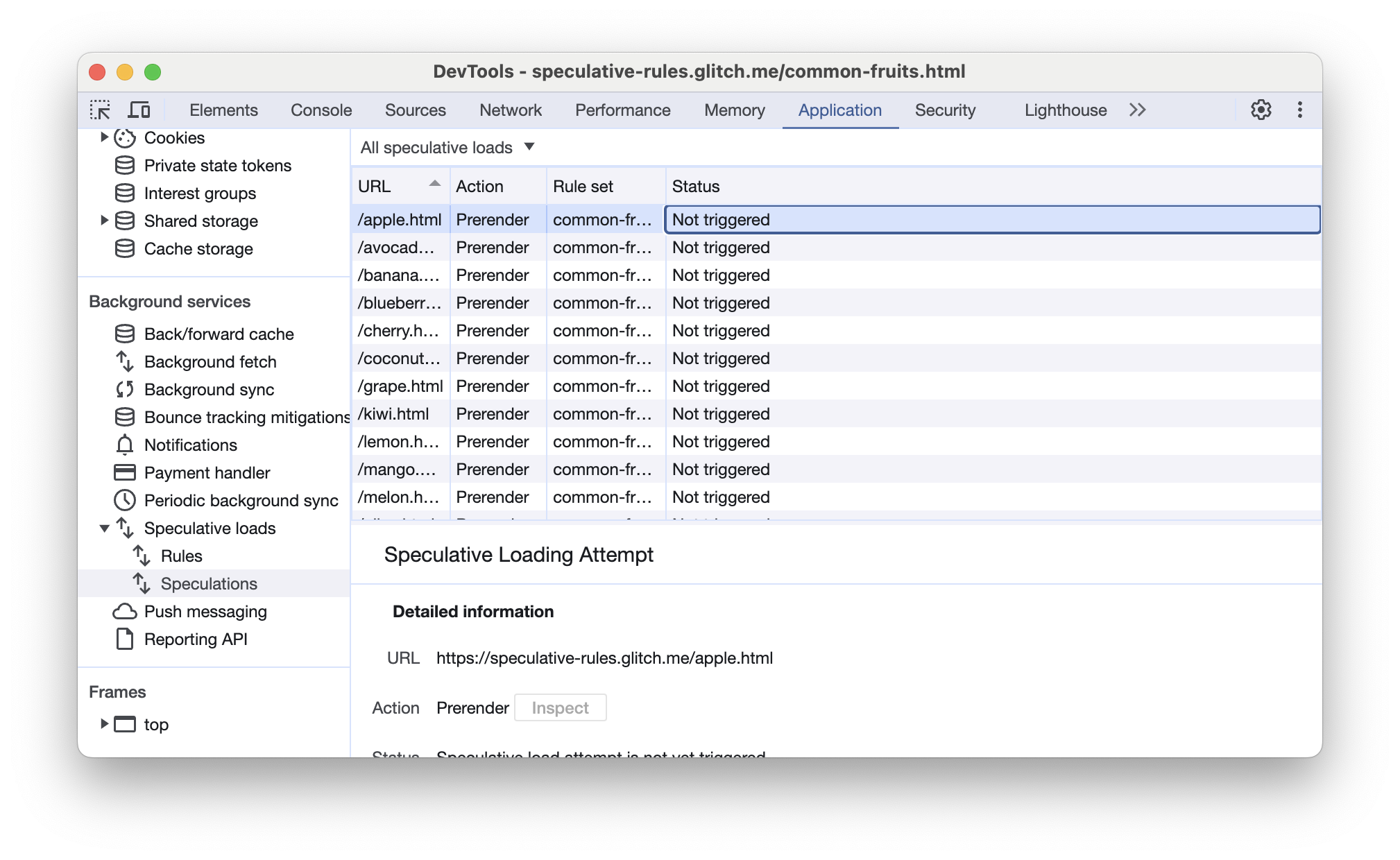 Scheda Speculazioni di Chrome DevTools con una serie di URL non attivati