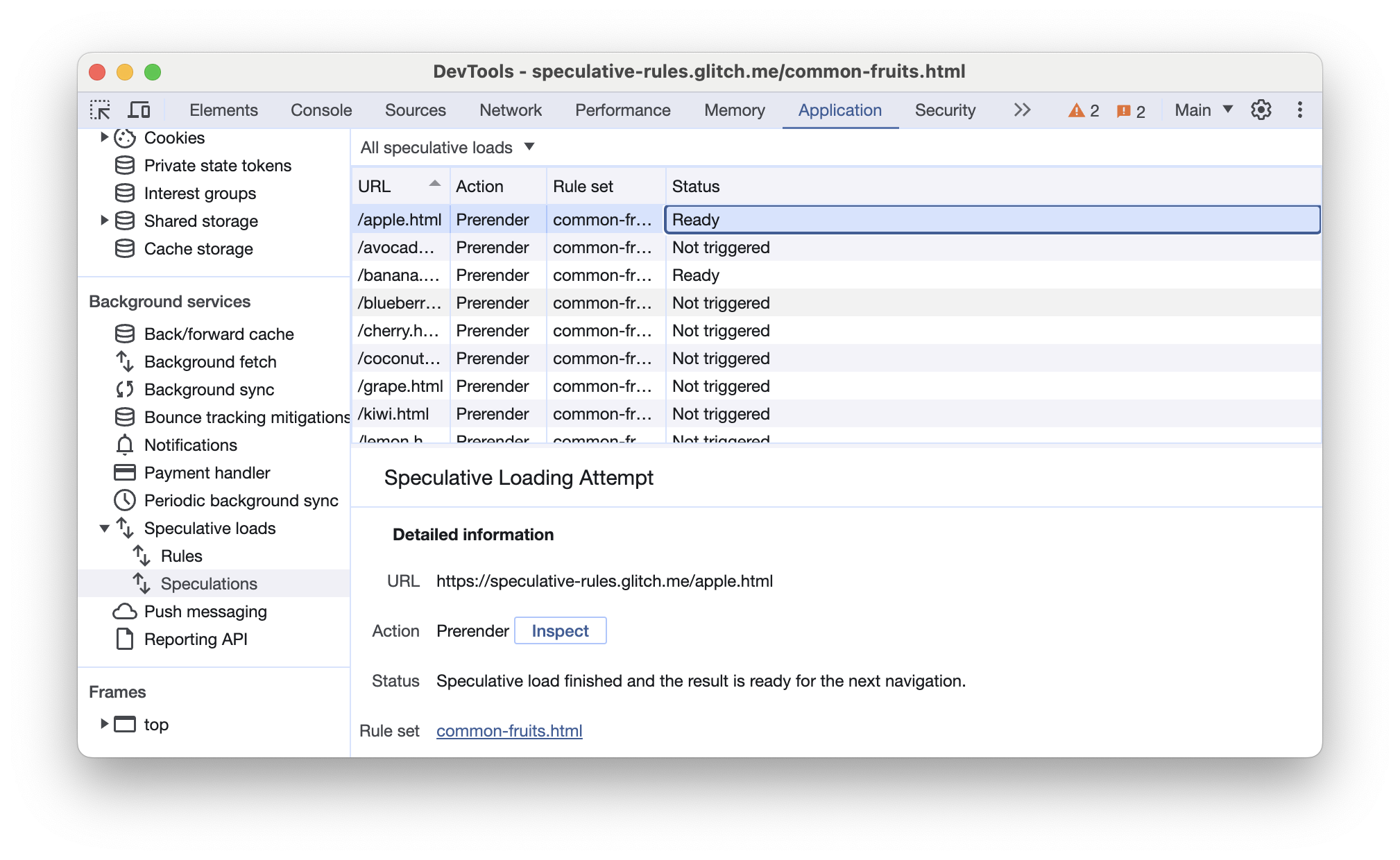 Chrome DevTools Speculations tab with prerendered pages triggered