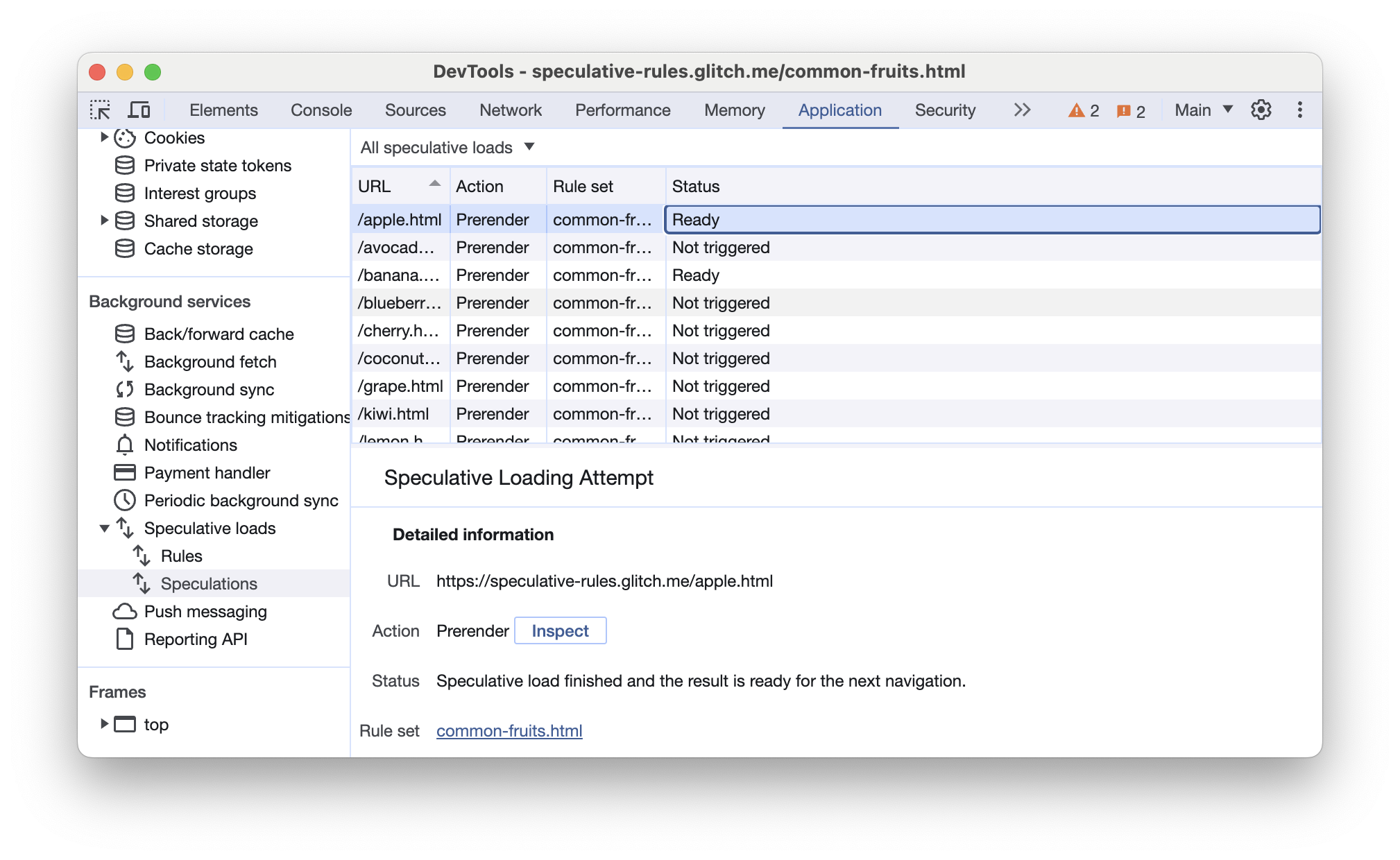 Tab „Spekulationen“ in den Chrome-Entwicklertools mit ausgelösten vorab gerenderten Seiten