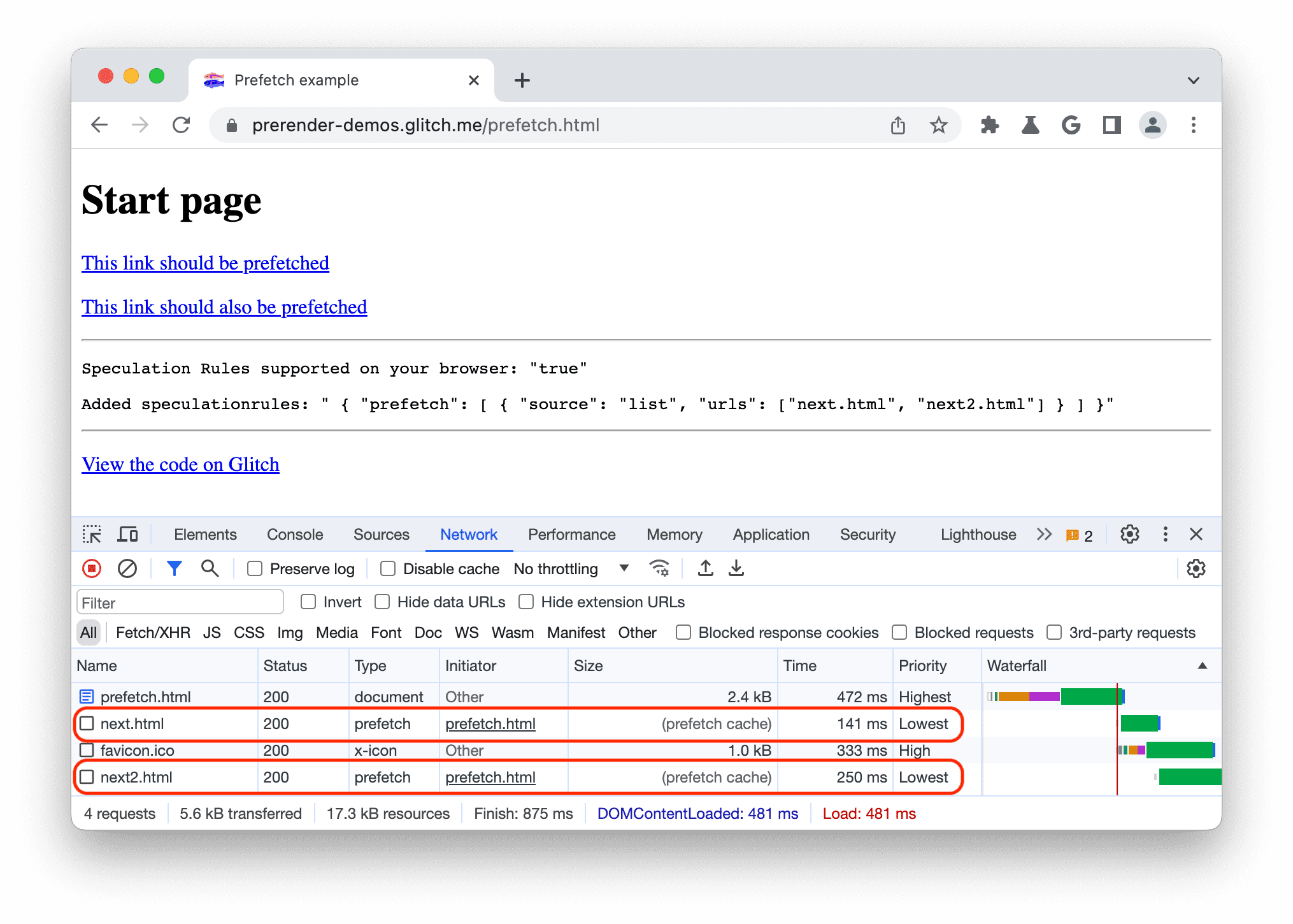 Panneau &quot;Network&quot; (Réseau) dans les outils pour les développeurs Chrome affichant les documents préchargés