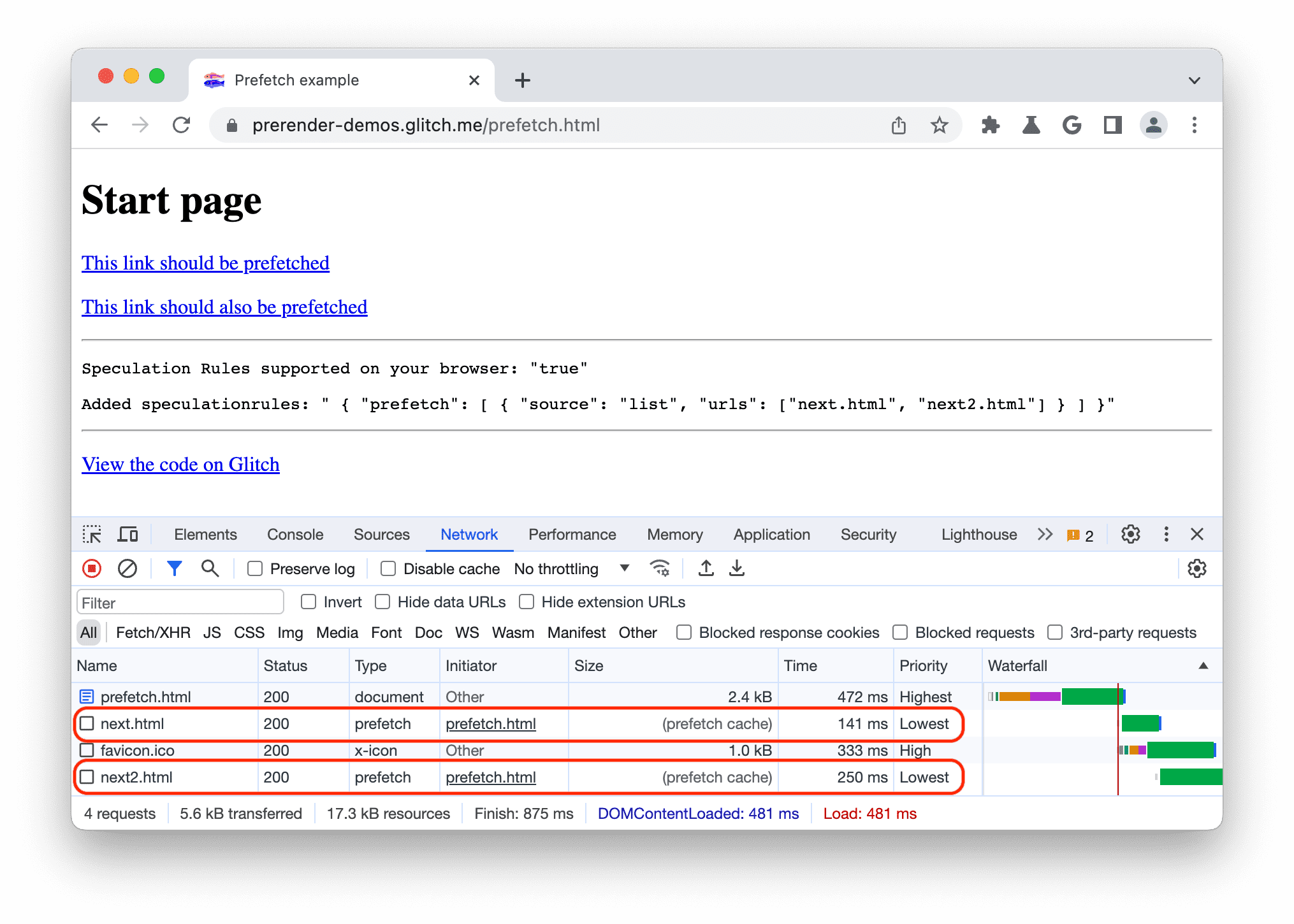 プリフェッチされたドキュメントが表示されている Chrome DevTools の [Network] パネル