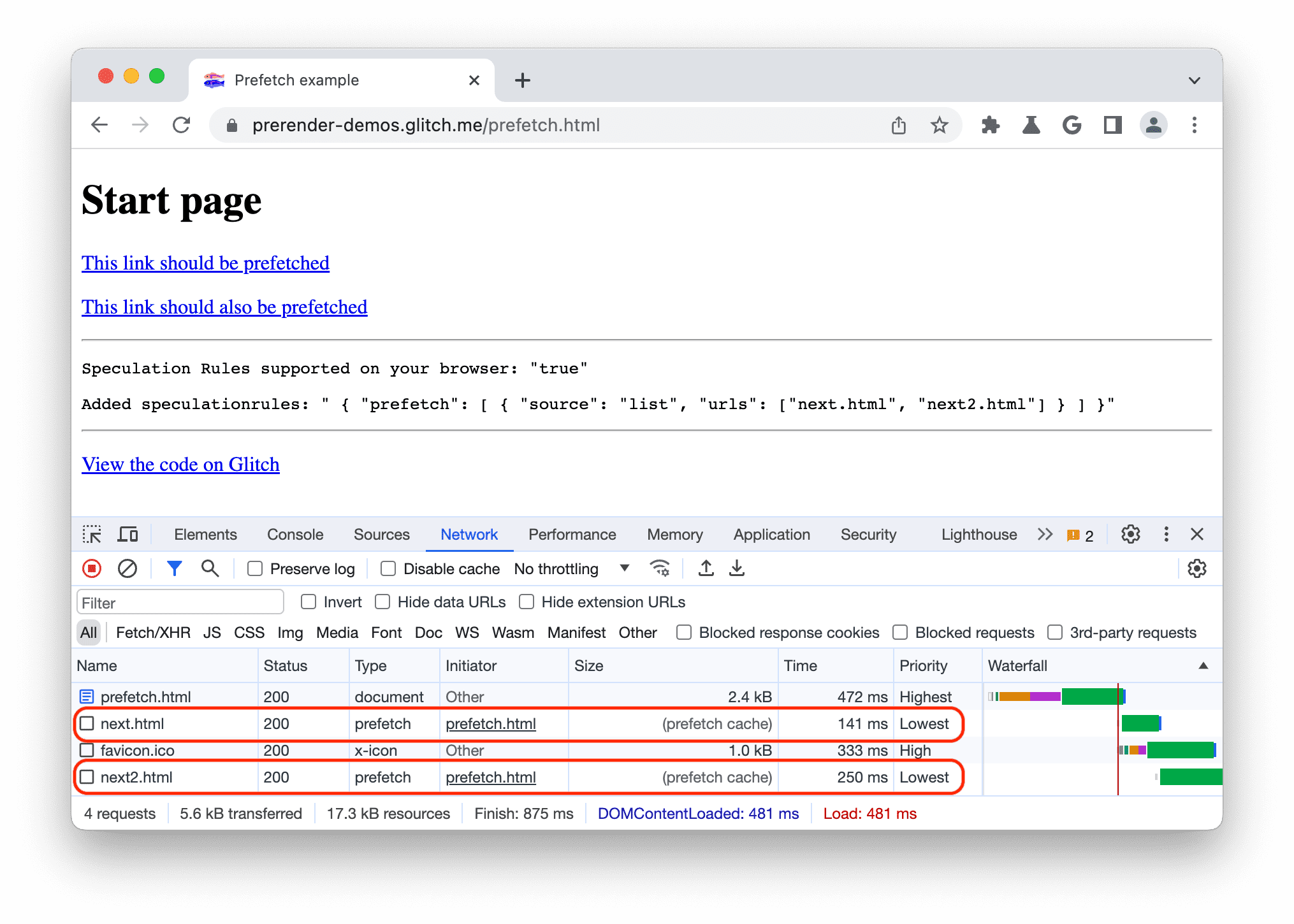 Bereich „Netzwerk“ in den Chrome-Entwicklertools mit vorab abgerufenen Dokumenten