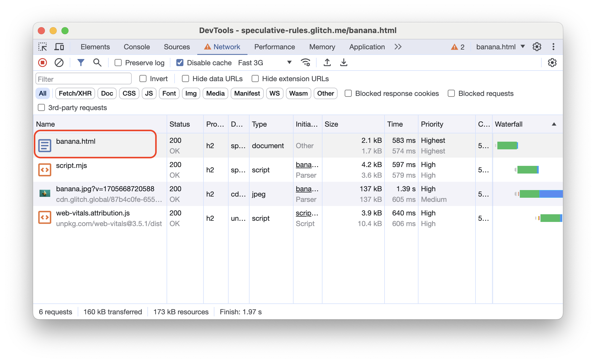 사전 렌더링된 페이지의 네트워크 요청을 보여주는 Chrome DevTools 네트워크 패널