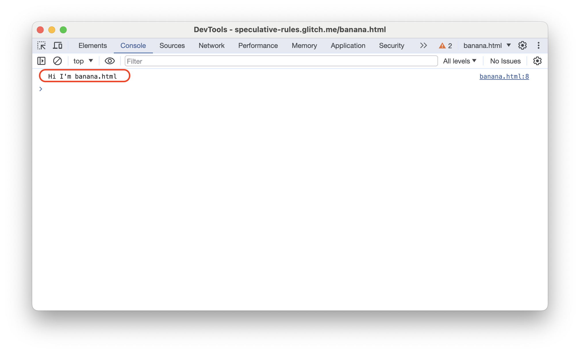 Panel Console Chrome DevTools yang menampilkan output konsol dari halaman pra-rendering