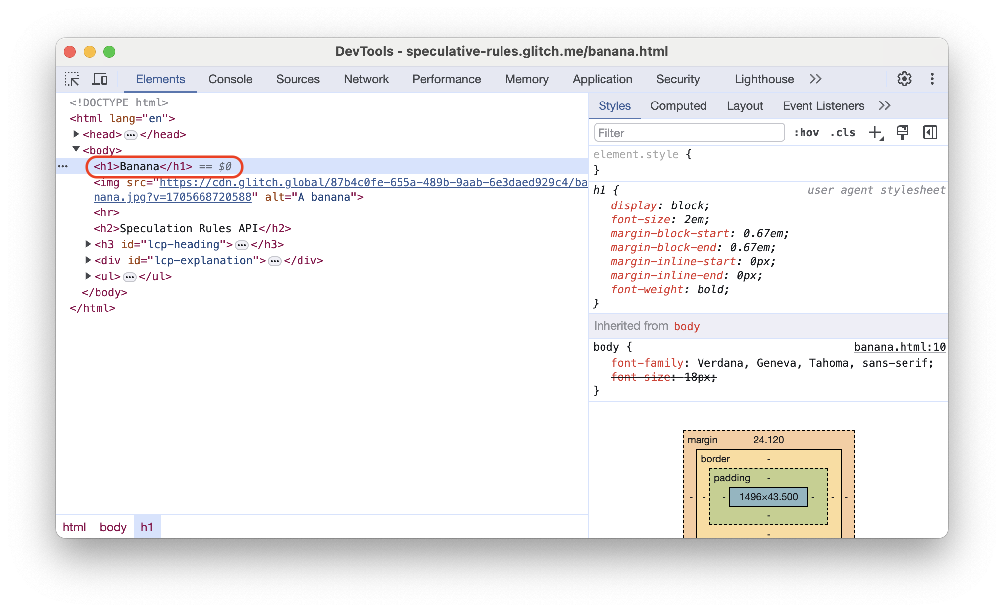 Painel Elements do Chrome DevTools para a página pré-renderizada