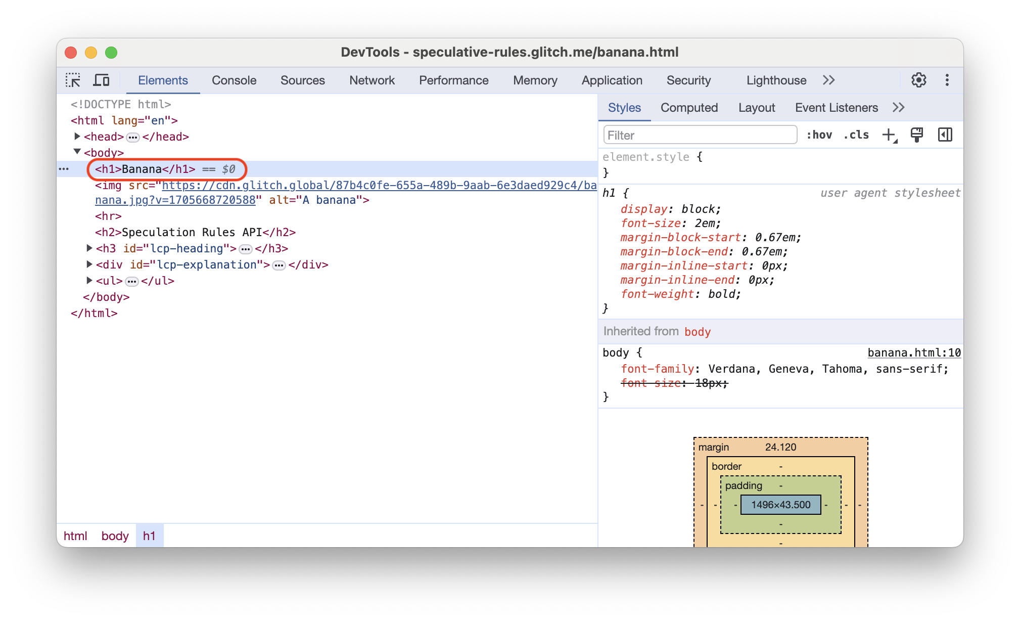 Panel elementów w Chrome DevTools dla wstępnie renderowanej strony