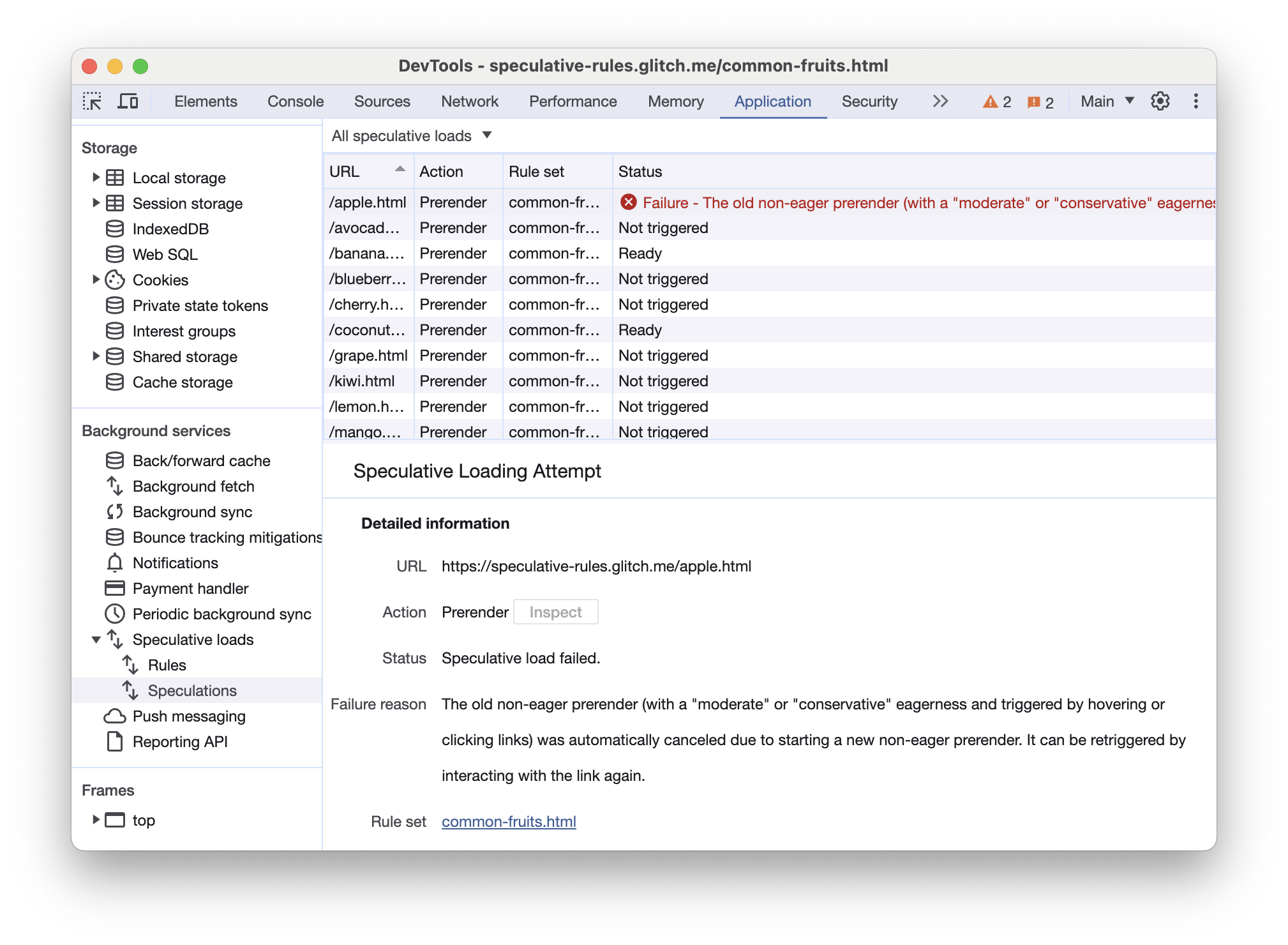 Chrome 開發人員工具的「Speculations」分頁，顯示預先載入失敗的項目