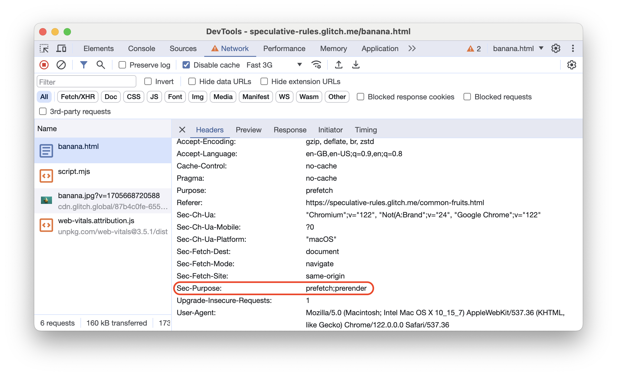 Painel de rede do Chrome DevTools mostrando o cabeçalho "Sec-Purpose" de uma página pré-renderizada