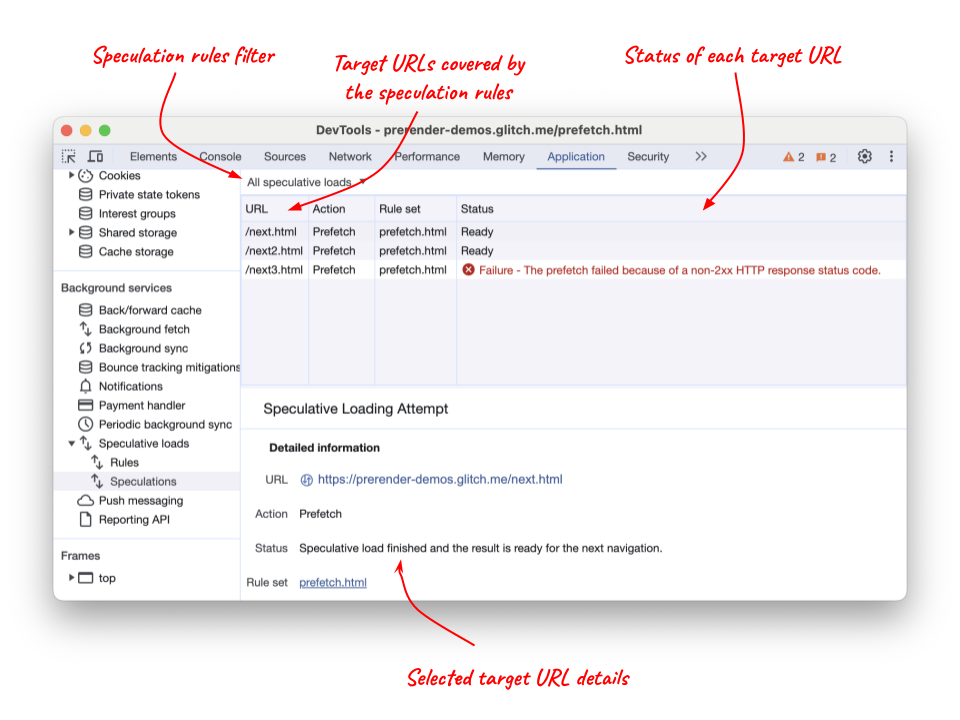 Chrome DevTools के स्पेकुलेशन टैब में, पहले से फ़ेच किए गए यूआरएल और उनका स्टेटस दिखाया गया है