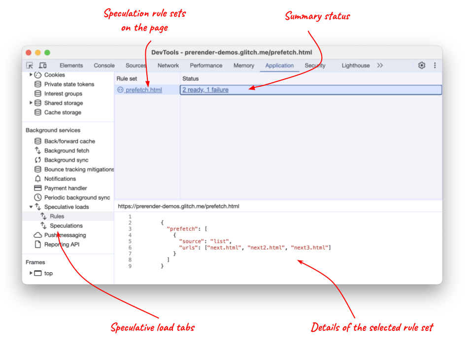 Chrome DevTools Speculative load tabs showing prefetch rule
