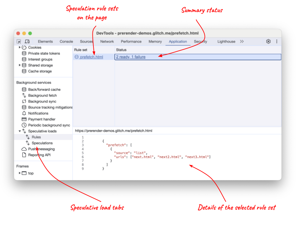 プリフェッチ ルールを示す Chrome DevTools の投機的読み込みタブ