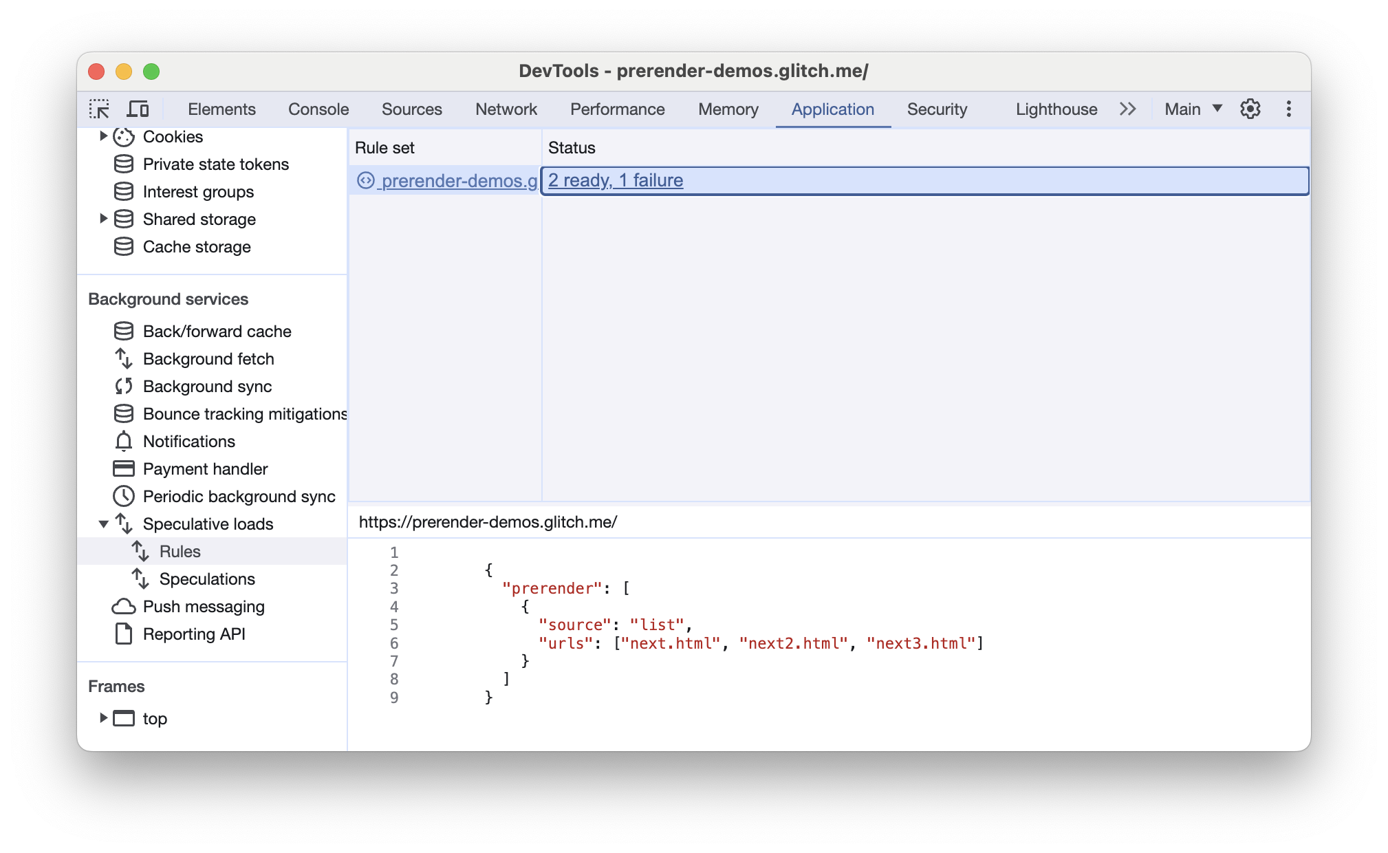Chrome DevTools Speculative loads tabs for a page with prerender speculation rules