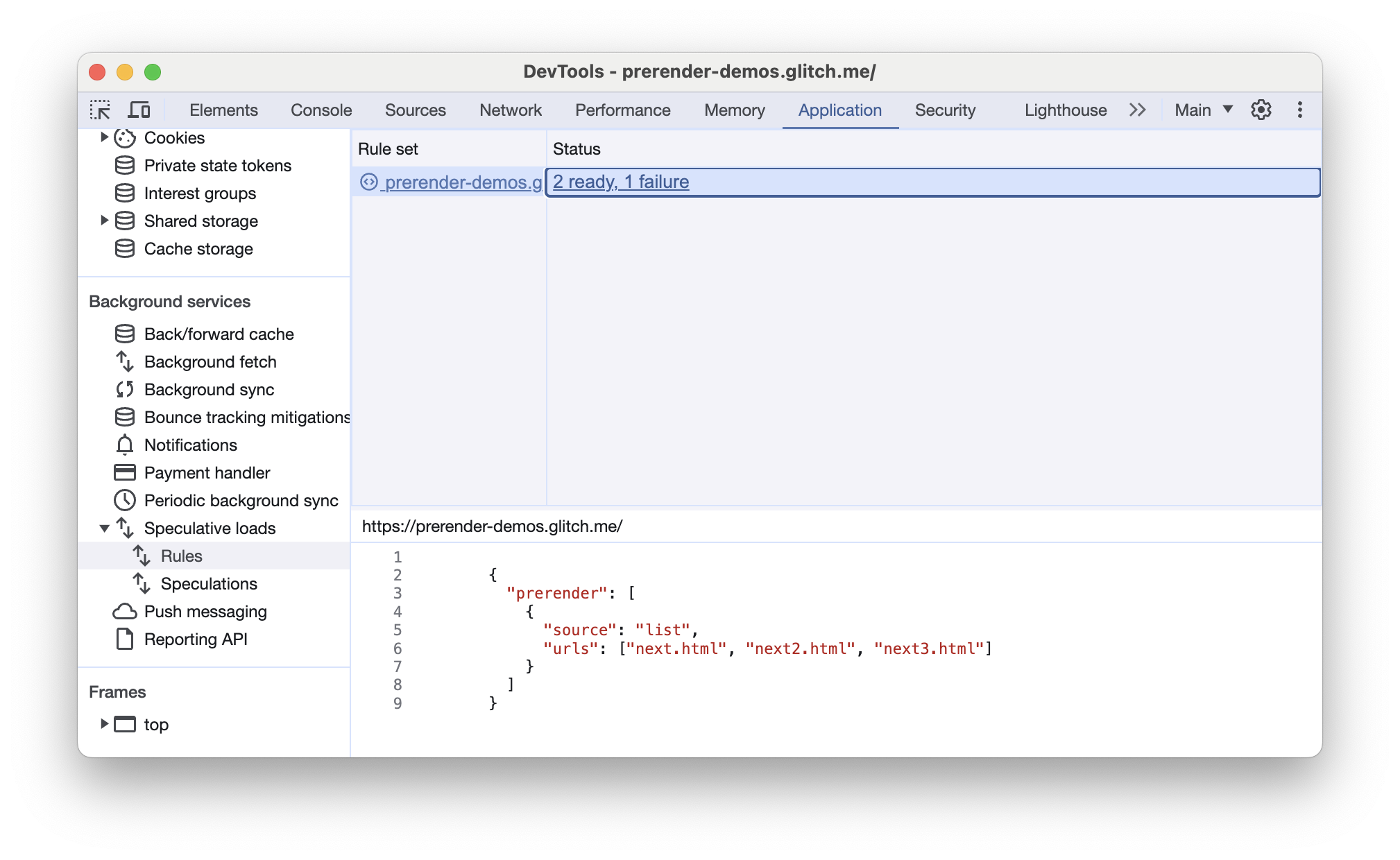 O Chrome DevTools Speculative carrega guias para uma página com regras de especulação de pré-renderização.