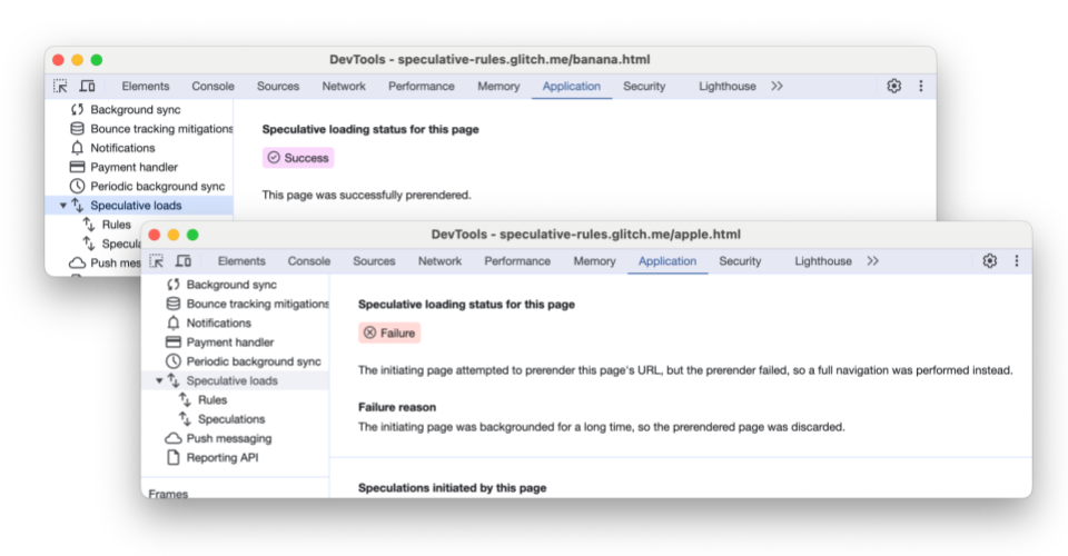 Pestaña Cargas especulativas de las Herramientas para desarrolladores de Chrome que muestra una página renderizada previamente de forma correcta y una fallida