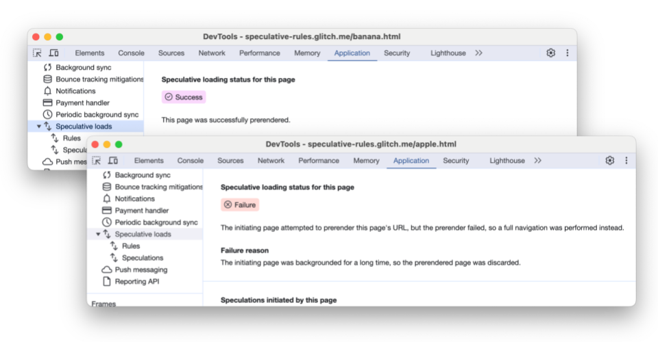 Guia &quot;Speculative loads&quot; do Chrome DevTools mostrando uma página pré-renderizada com sucesso e outra com falha