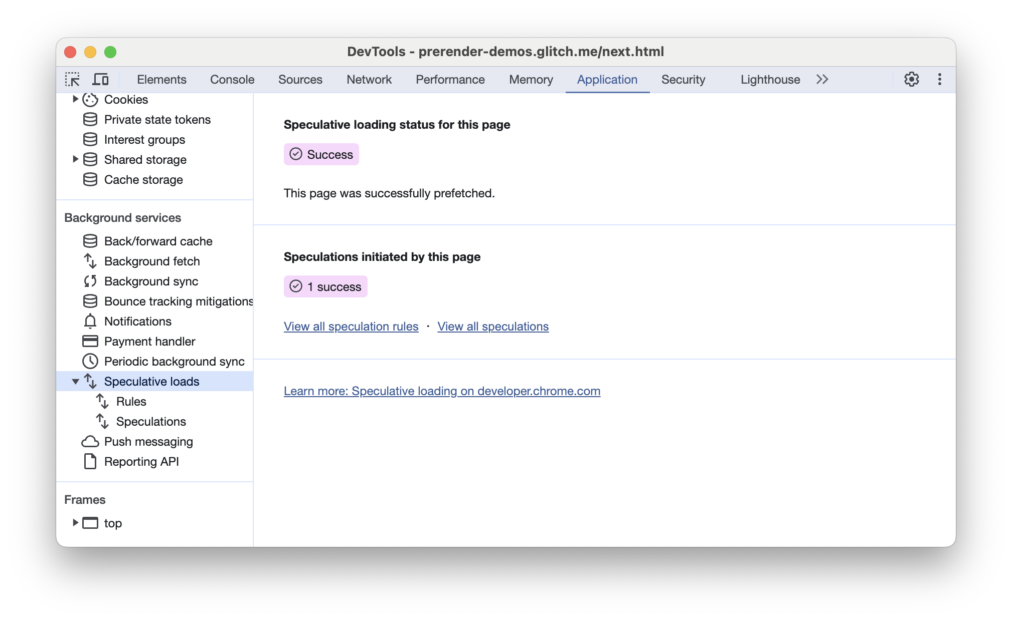 Scheda Caricamenti speculativi di Chrome DevTools che mostra un prefetch riuscito