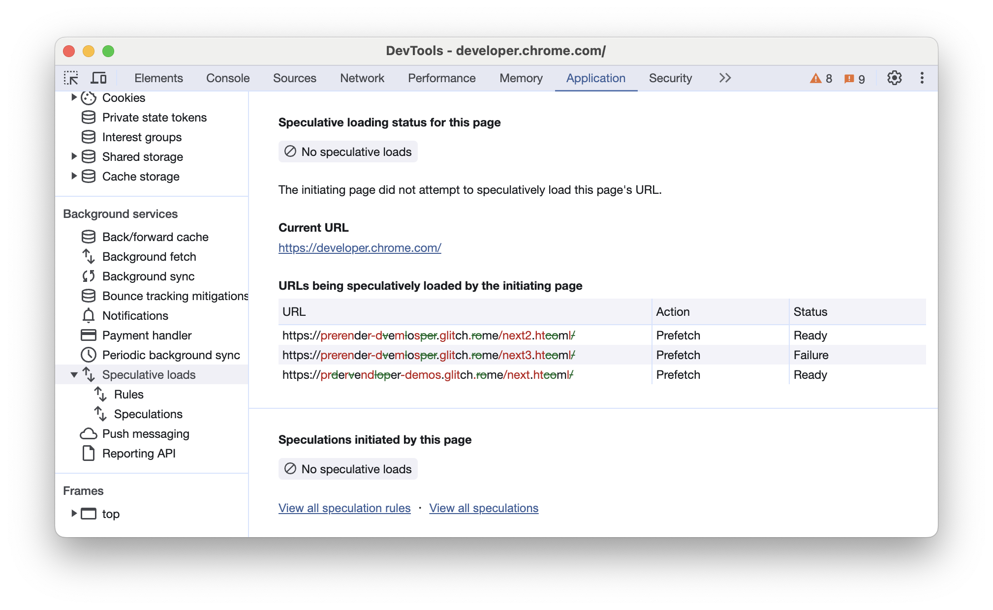 Tahmine dayalı yüklemeler sekmesinde eşleşmeyen bir URL gösteren Chrome Geliştirici Araçları