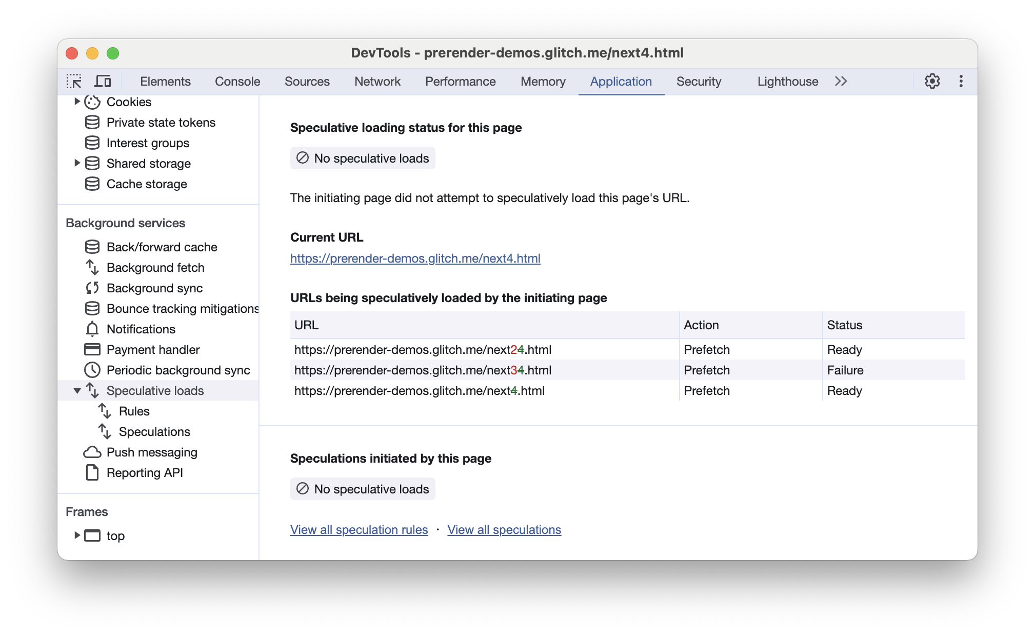 Karta Pobieranie spekulacyjne w Narzędziach deweloperskich w Chrome pokazująca, że bieżący adres URL nie pasuje do żadnego z adresów URL w regułach spekulacyjnych poprzedniej strony