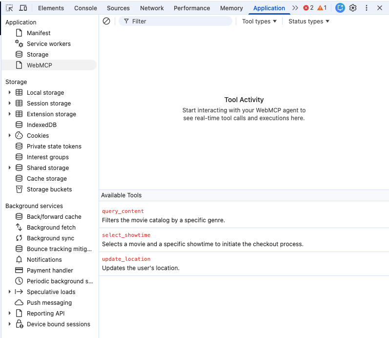 DevTools の [Application] パネルで、[Application] サイドバーの [WebMCP] ペインが選択されている状態。
