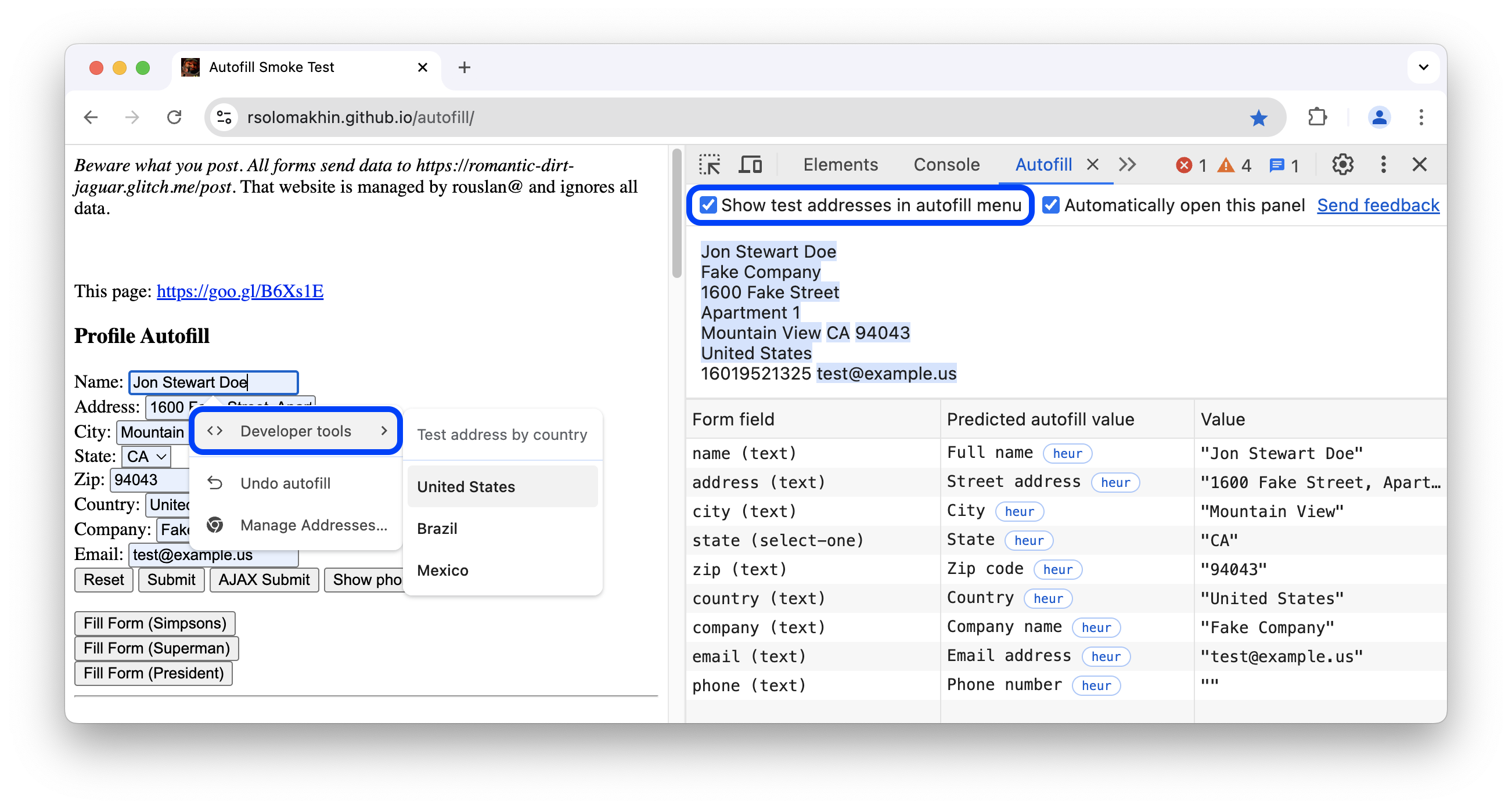 Il menu &quot;Strumenti per sviluppatori&quot; con le opzioni per i dati dell&#39;indirizzo di test.