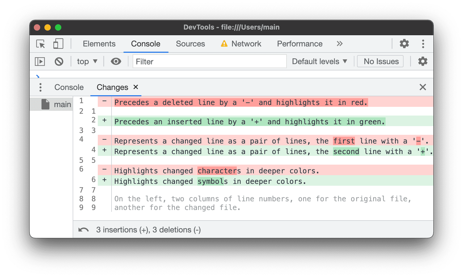 Highlighted diff in the Changes panel