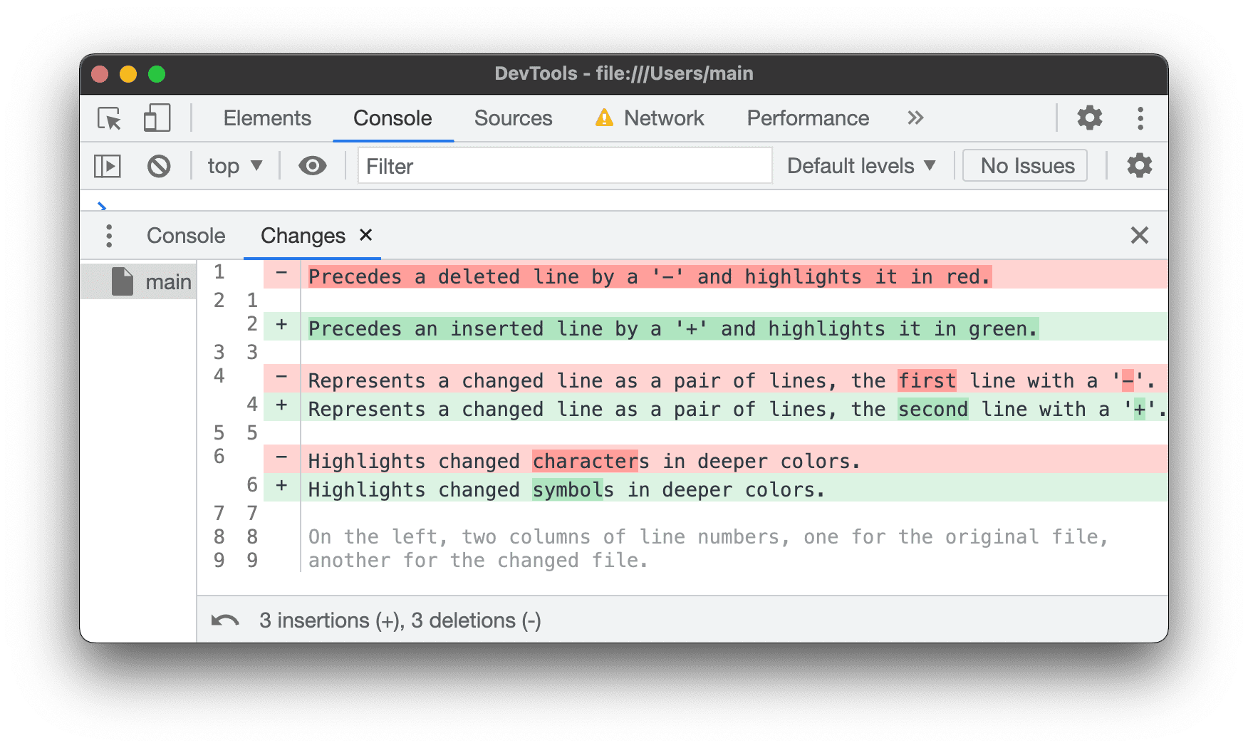 Diferença destacada no painel "Alterações"