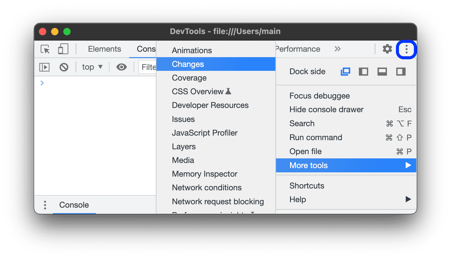 Die Option, die im Drop-down-Menü „Weitere Tools“ ausgewählt ist, wird geändert.