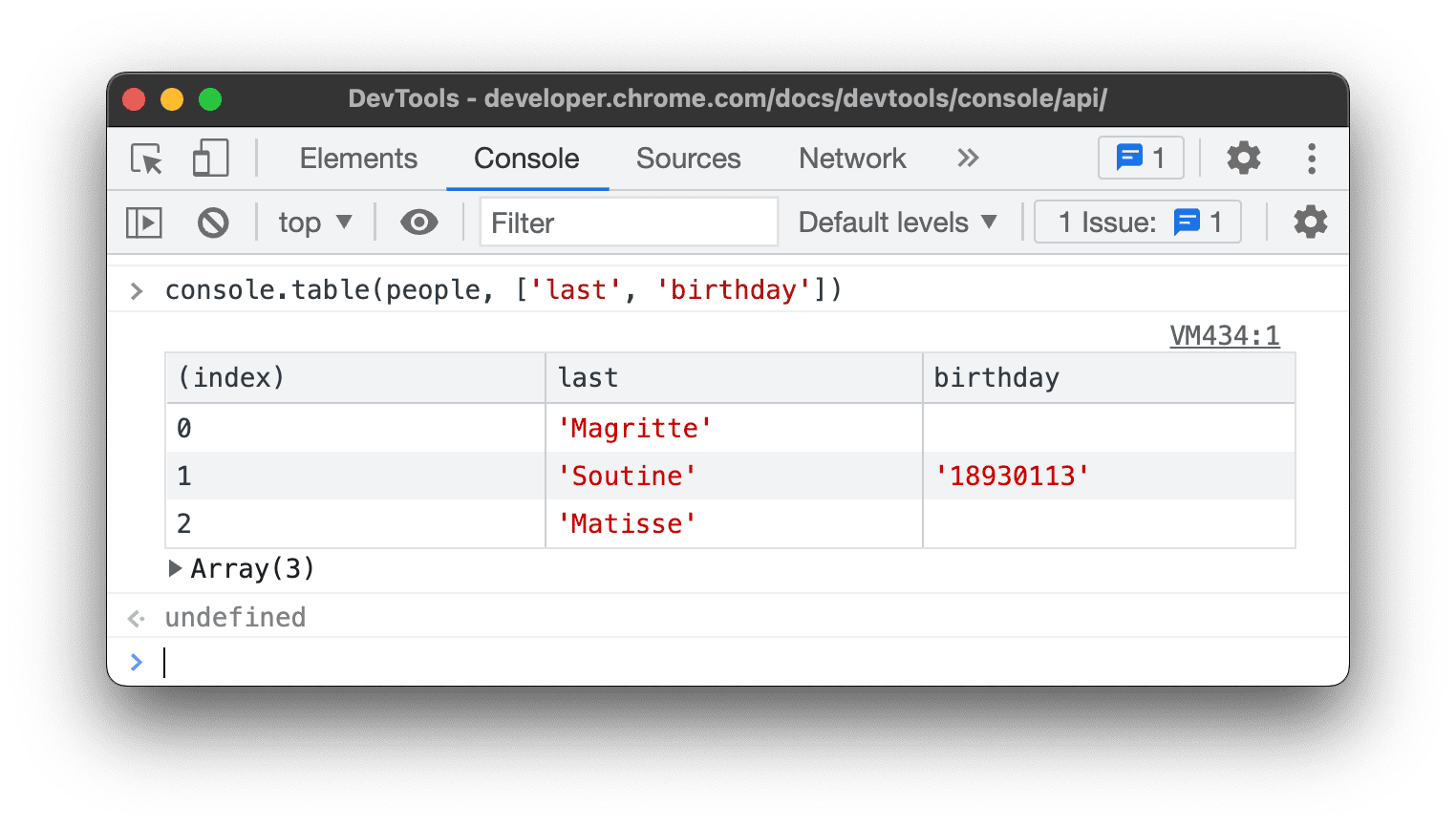 Eine Teilmenge von Spalten in einer Tabelle, die mit console.table() protokolliert wird.