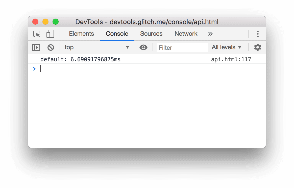 Il risultato dell'esempio console.time() riportato sopra.
