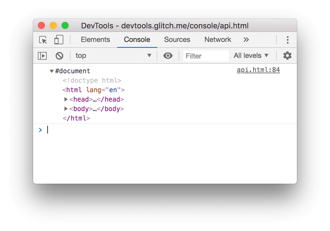 El resultado del ejemplo de console.dirxml() anterior.