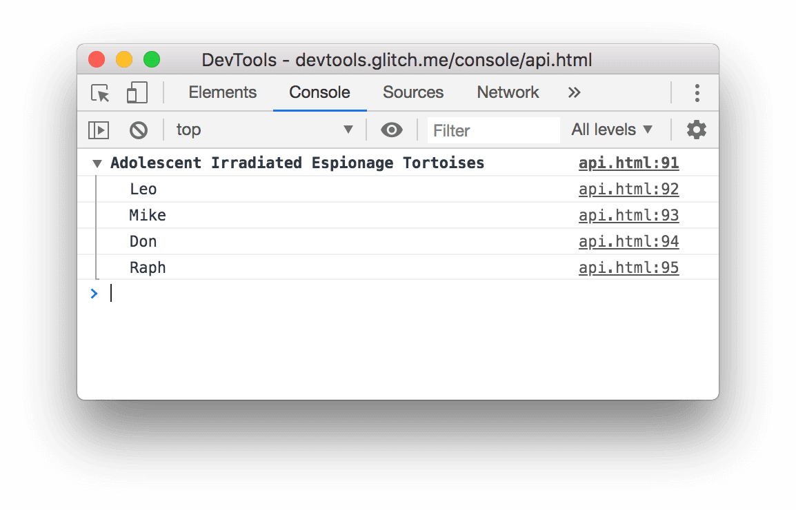 上の console.group() の例の結果。